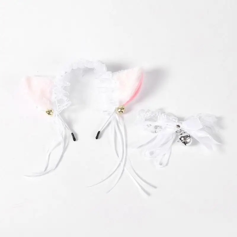 39BD 할로윈 의상 액세서리 모피 귀 머리띠 및 레이스 초커 목걸이 여자 소녀 크리스마스 할로윈