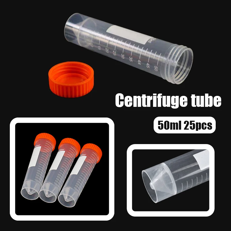 25 unids/bolsa 50ml tubo de ensayo de centrífuga independiente tapa de tornillo de plástico tubo de centrífuga de fondo plano con escala