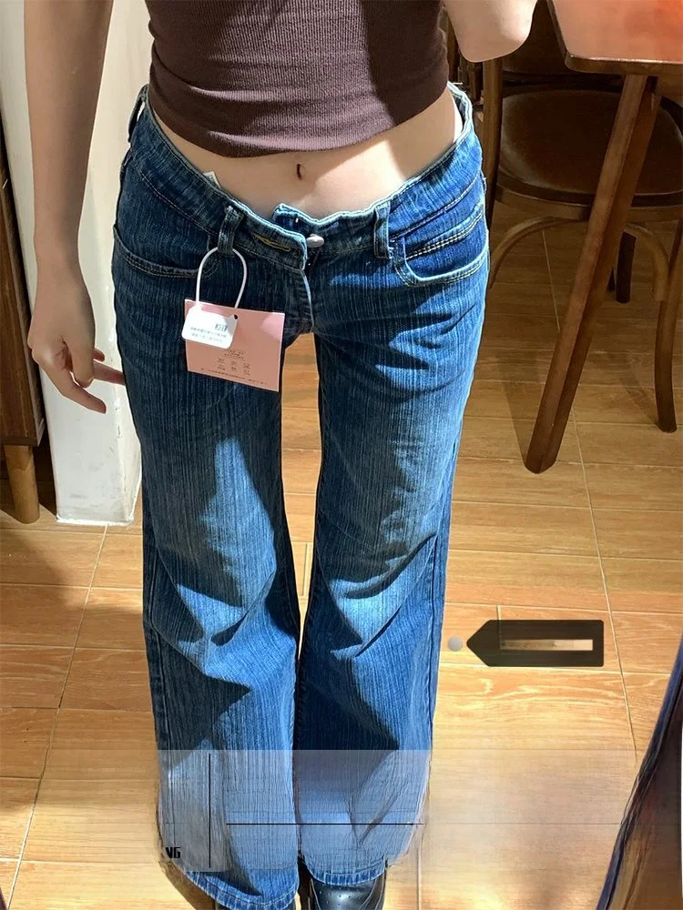 กางเกงยีนส์ทรงขากว้างเอวต่ำสไตล์อเมริกันสำหรับผู้หญิง ฤดูใบไม้ร่วง ฤดูหนาว รุ่นใหม่ ใยไผ่ ช่วยให้ดูผอม ทรงยาวคลุมเท้า