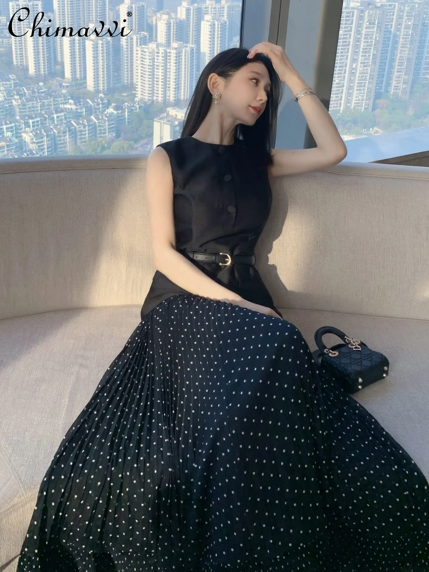 

Spring Summer New French Retro Chic Round Neck Sleeveless Faux Two-piece Dress Black Polka Dot Party Women's Pleated Maxi Dress
