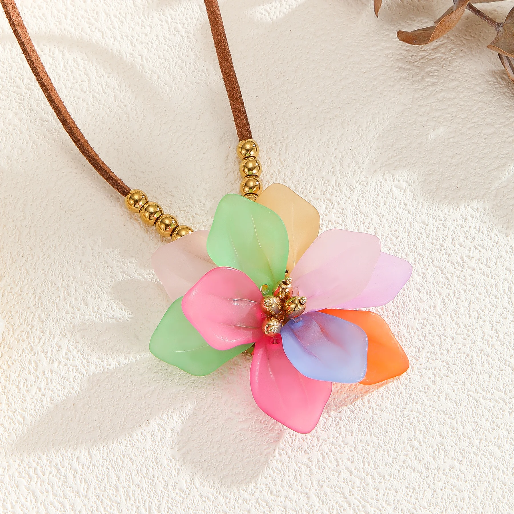 خمر الذهب اللون الشمس القوس زهرة قلادة القلائد للنساء البني الجلد المدبوغ الحبل الفيروز الخرز سلسلة المختنق الشتاء مجوهرات هدية #6