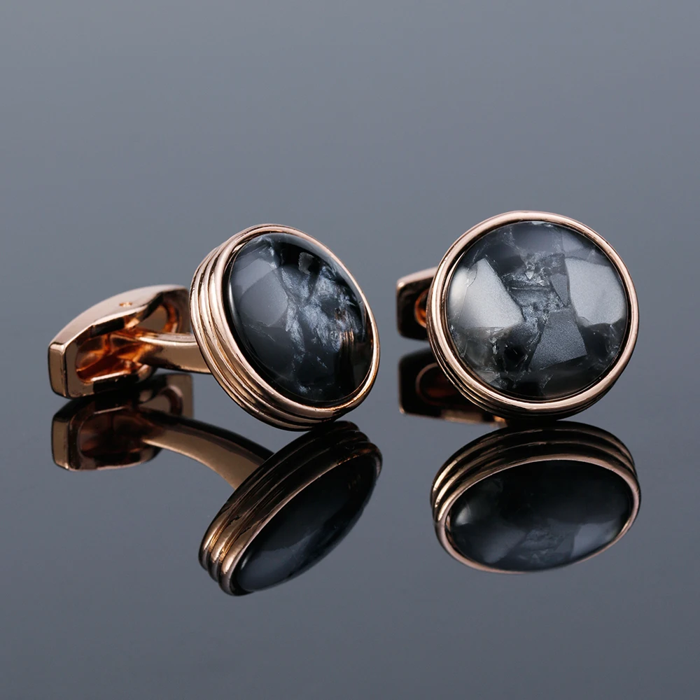 

Cufflinks for Men XK19065 Black Marble Round Rose Gold Color Shirt Cuff Links