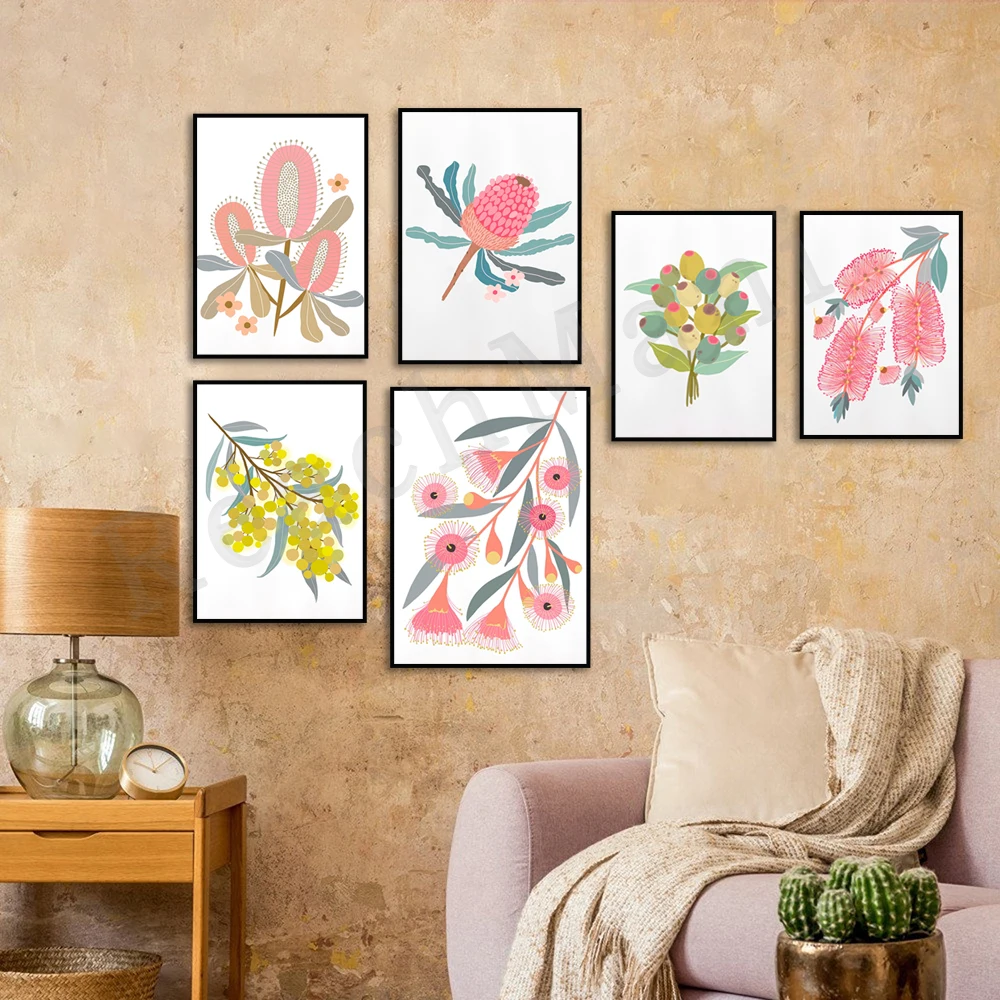 Beautiful Australian native flowers, red bottle brush, gum flower, woodsy, acacia, wildflower botanical print aesthetic poster