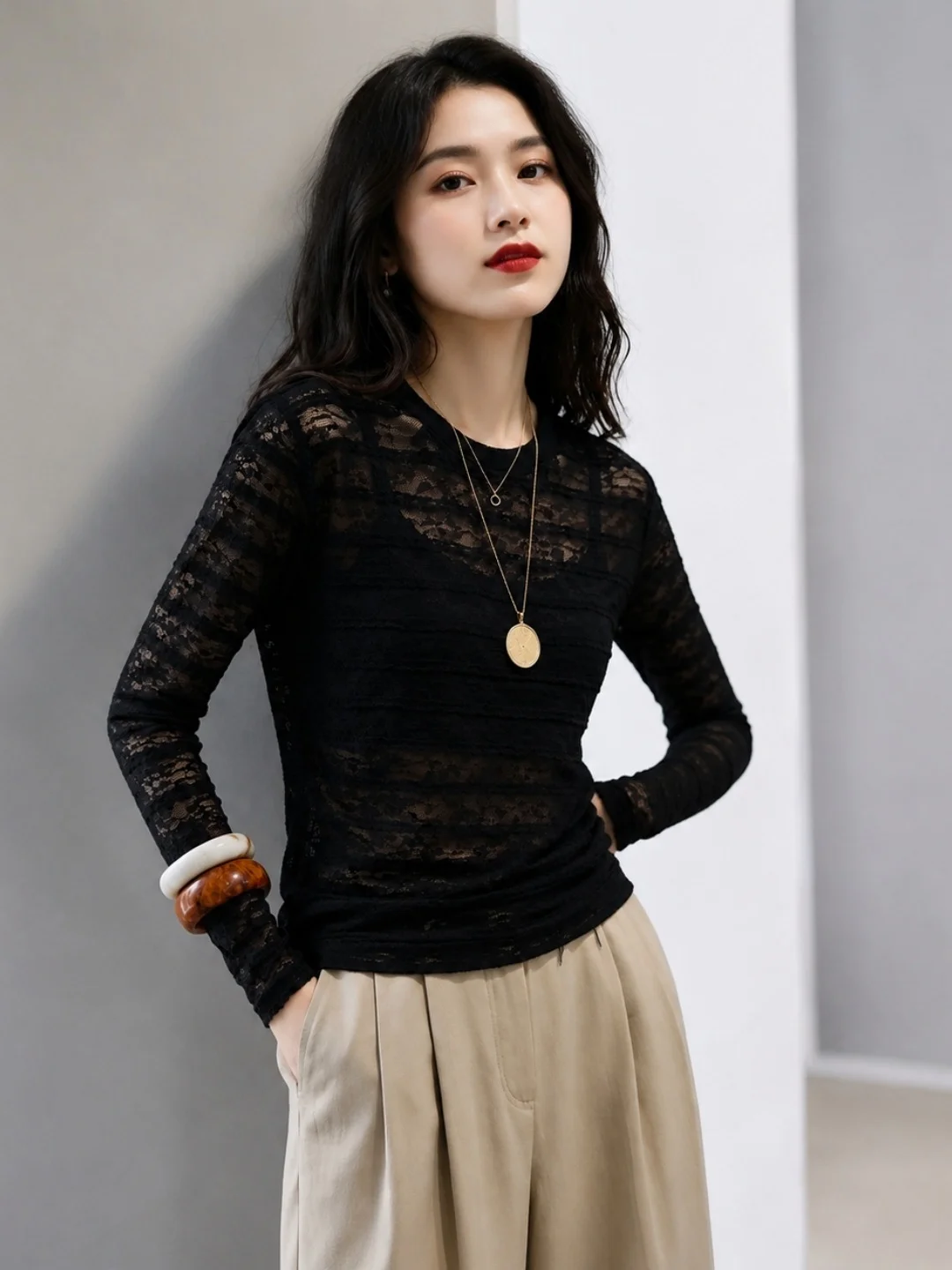 Elegant Lace Long Sleeve Shirt Trendy Light Maturity Style Fashionable Slimming Design Korean Version Straight Cut Silk Top