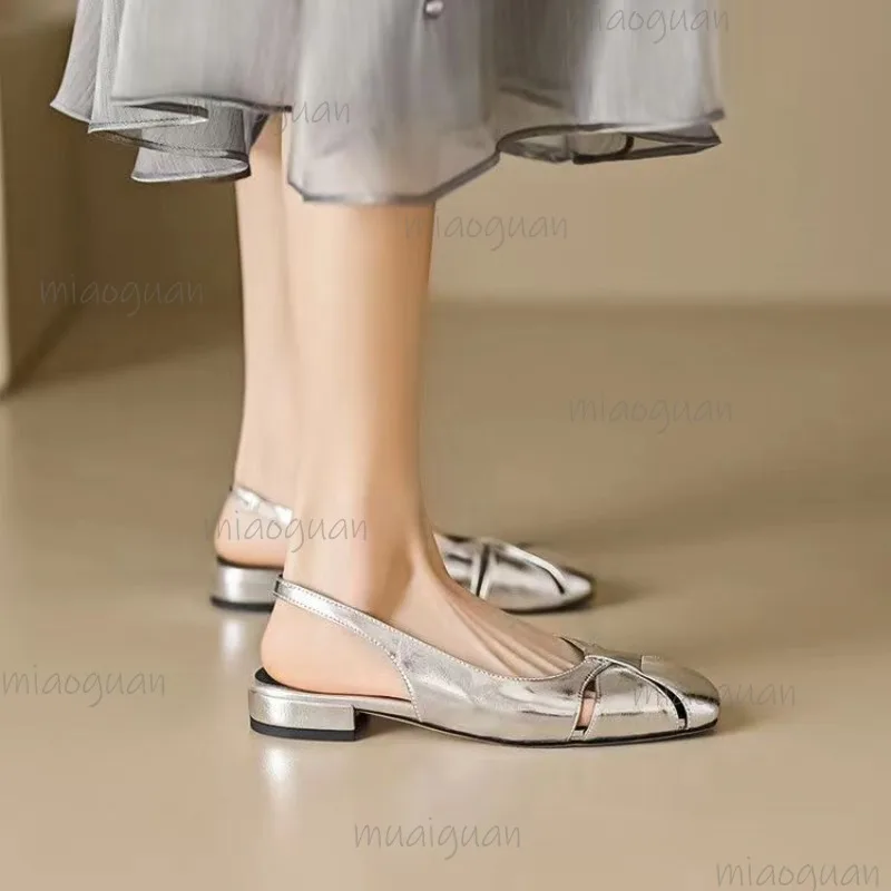 Kryte Palce Niskie Obcasy Czółenka Damskie Sandały Złote Srebrne Wsuwane Wygodne Na Co Dzień Letnie Sandały ze Skóry PU Zapatos De Mujer