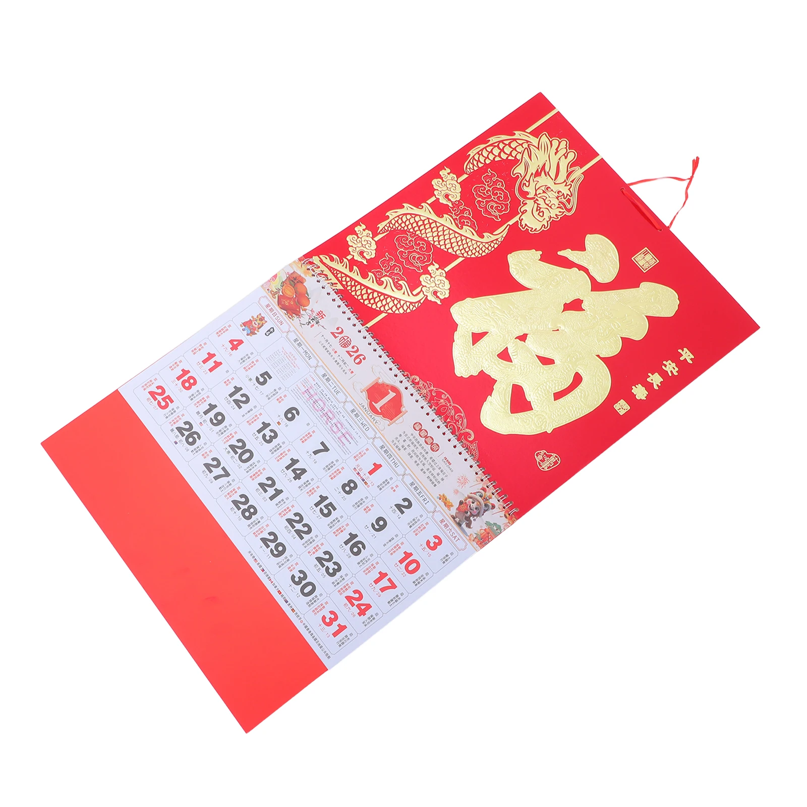

2026 Wall Calendar Horse Year Elegant Foil Fu Pendant Sturdy Rope Clear Printing Monthly Lunar Retro Style Traditional Charm