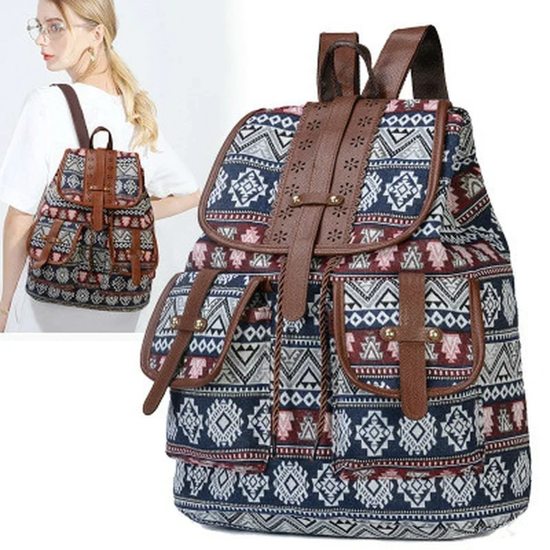 2023 New Ethnic Style Pattern Backpack Canvas Women\'s Bag Fashion Personalized Travel Strap Small Backpack School Backpacks