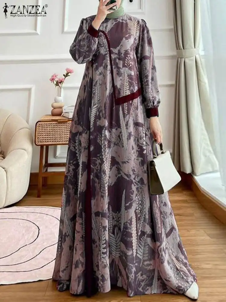 

ZANZEA Vintage Lantern Sleeve Abaya Long Robe Women Loose Elegant Casual Kaftan Vestido Muslim Leaves Printing O Neck Maxi Dress