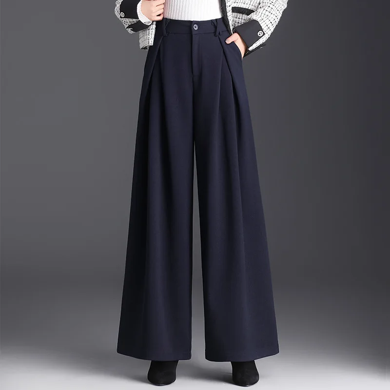 Womne High Waist Wide Leg Pants 2025 Autumn Winter Wool Wide Leg Suit Pants High Waisted Straight Leg Floor Casual Trousers