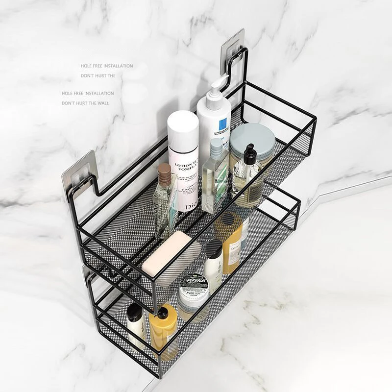 Bathroom Shelf Makeup Storage Organizer Alloy Shampoo Rack Shower Shelf No Drill Wall Shelf  With Suction Cup