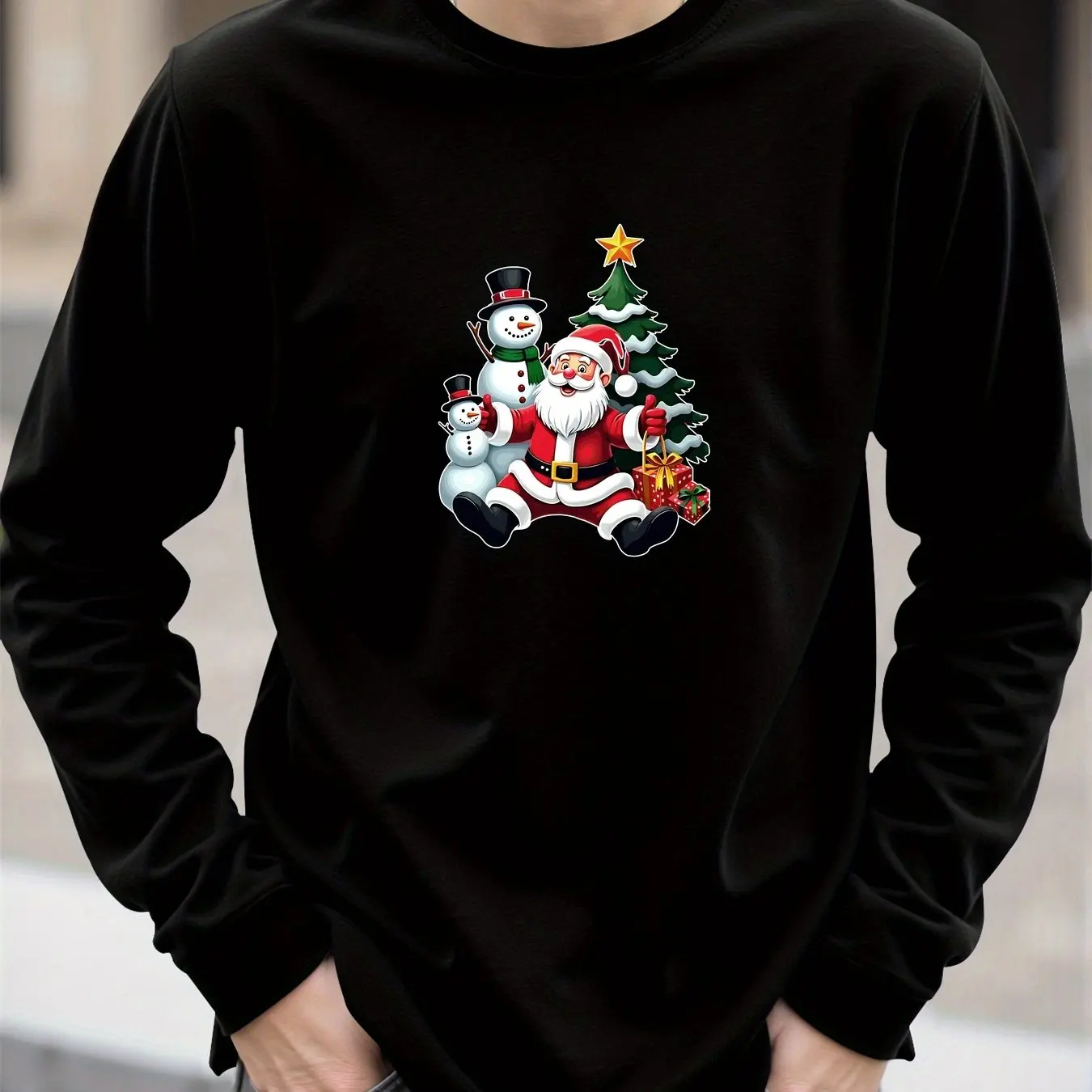 

Spring Autumn Men's T-shirt Funny Santa Claus Print Long Sleeve Tops Fashion Christmas Snowman Clothing Casual Loose X'mas Tees