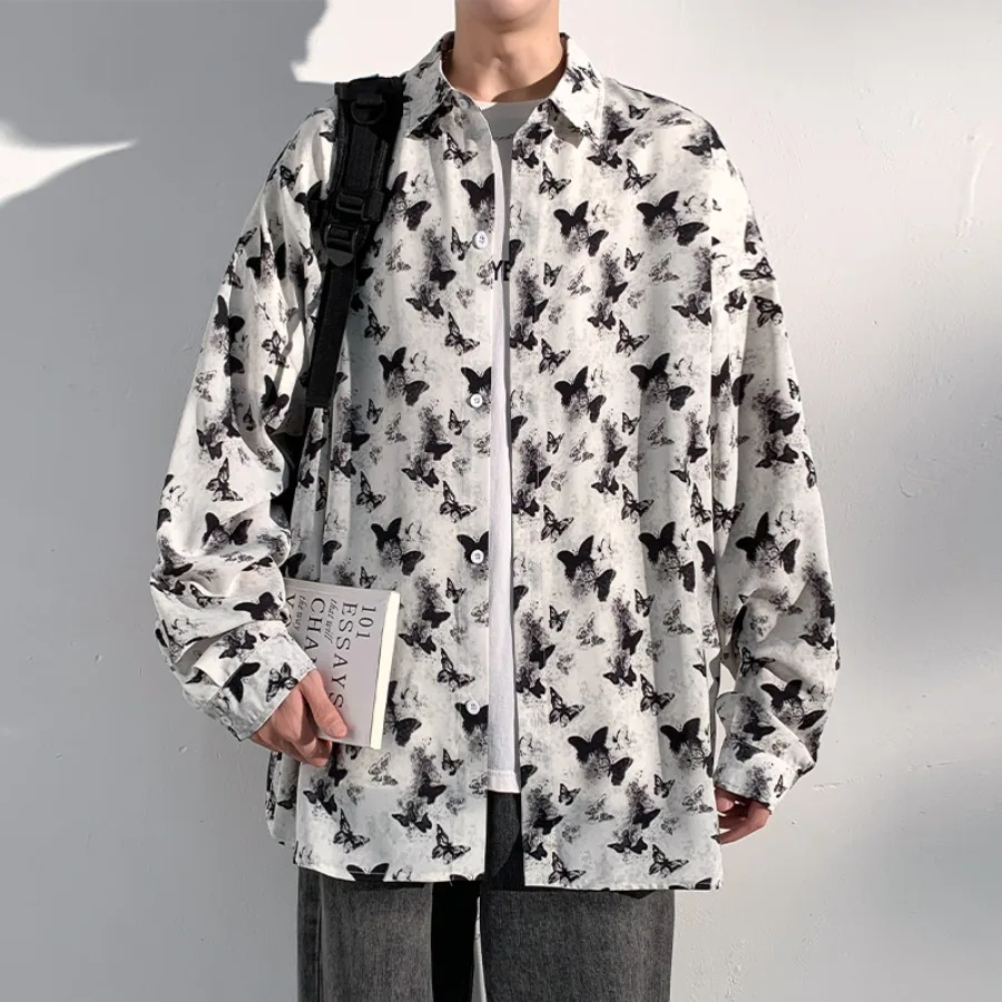 Advanced Long Sleeved Shirt for Men's Autumn New Item Butterfly Print Casual Versatile Drape Shirt