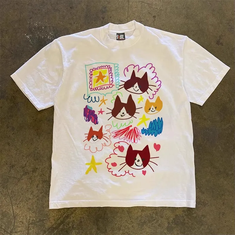 Cloud cat art graffiti print niche short-sleeved T-shirt for men and women, trendy casual top