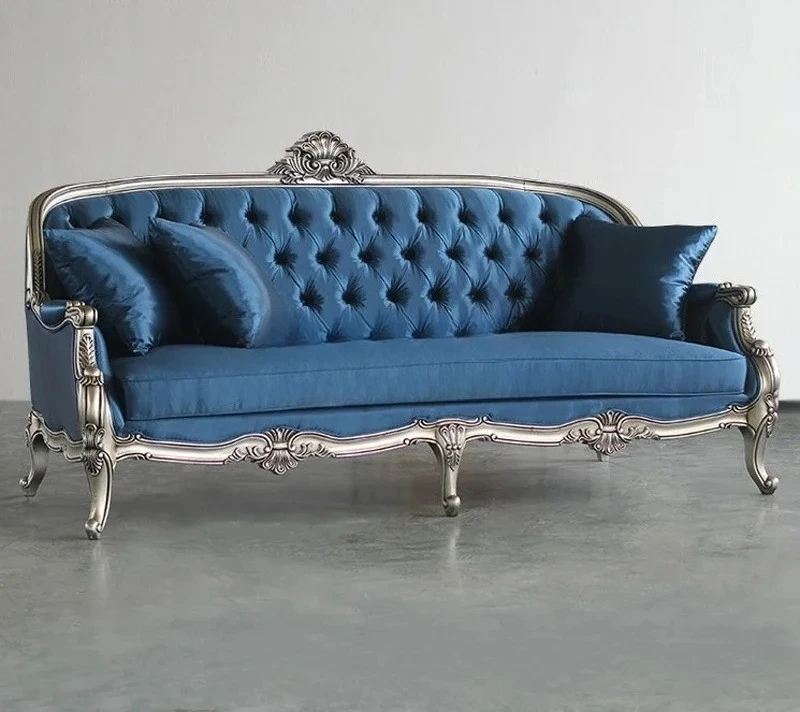 

A38 American neoclassical solid wood carving flower double triple sofa French champagne gold villa, combination furniture