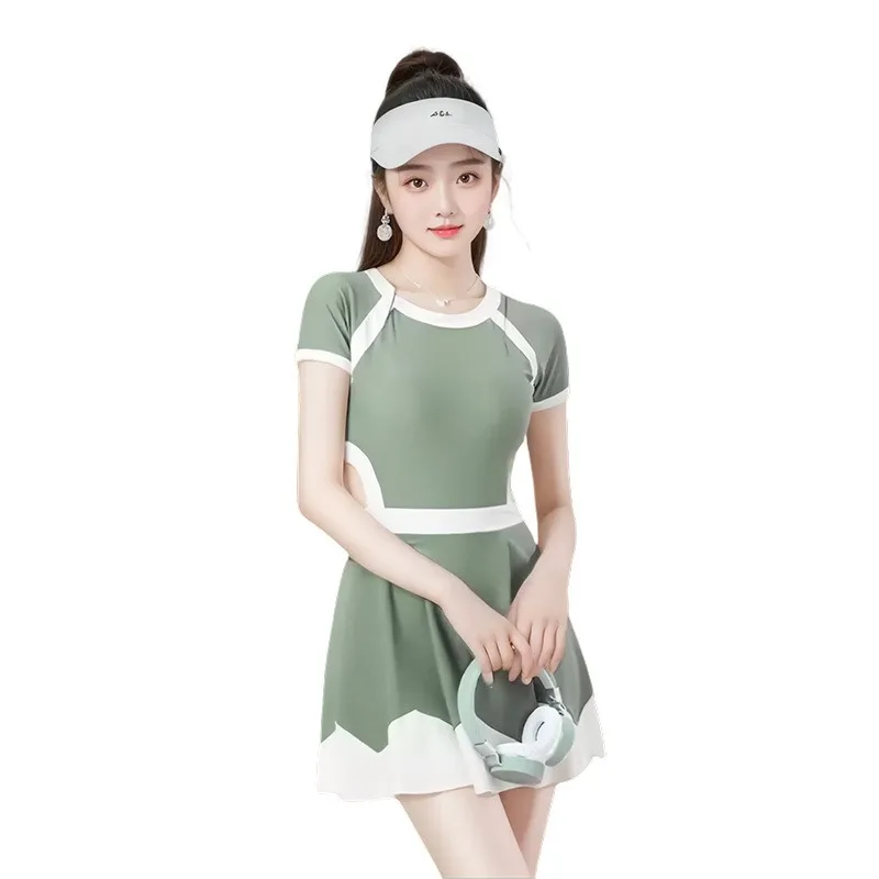 Women's One Piece Swimdress Sage Color Block Short Sleeve Cutout Waist Flared Skirt Sporty Summer Beach Bathing Suit Swimwear