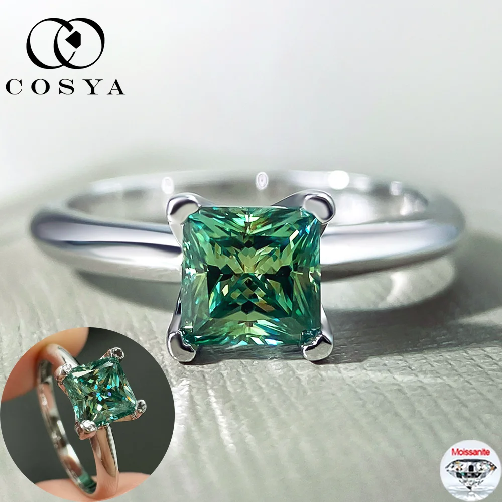 

COSYA 1CT 5.5mm Princess Cut Moissanite Ring For Women 925 Sterling Silver Green Lab Diamond Sparkling Wedding Band Fine Jewelry