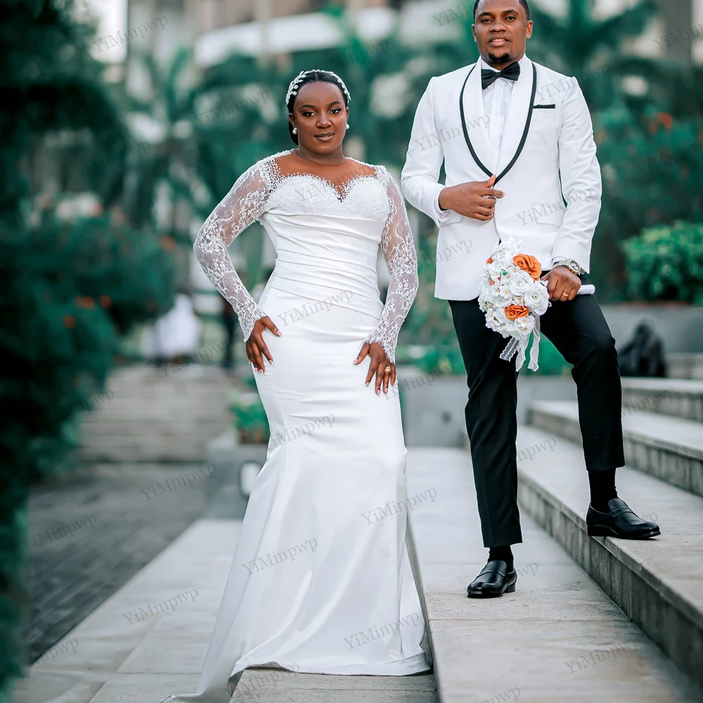 

Elegant Nigeria Mermaid Wedding Dresses Bridal Pearl Applique Lace Full Sleeve O-Neck Aso Ebi Wedding Reception Gowns Customized