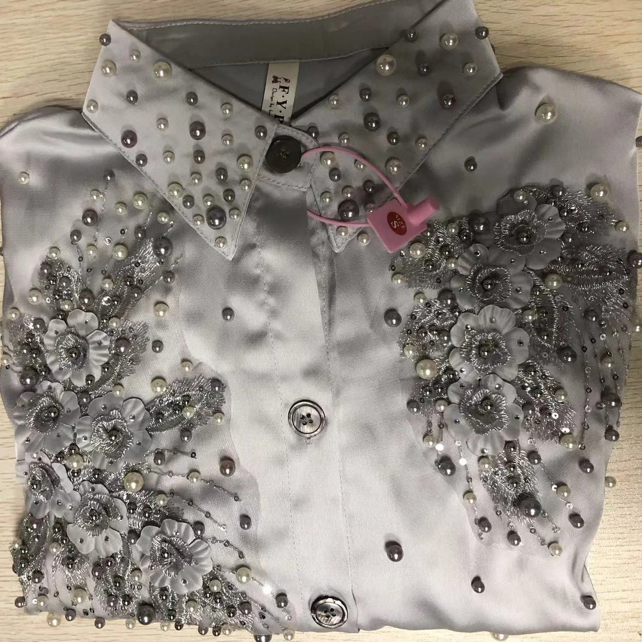 

Real Photo Luxury Sparking Women Flowers Beaded Shirts Blouse Autumn Spring Single Breasted Diamonds Silky Blouses Tops Blusas