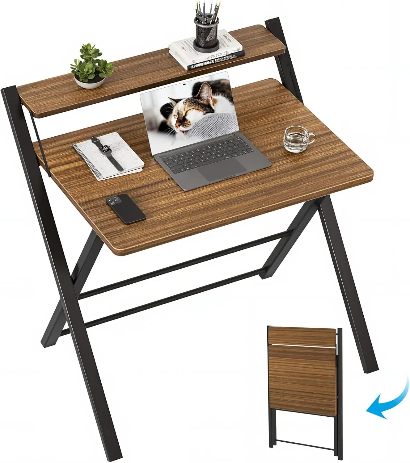 

Folding Desk No Assembly Required, 2 Tier Computer Desk with Monitor Shelf, 30 Inch Foldable Home Office Table for Work from Hom