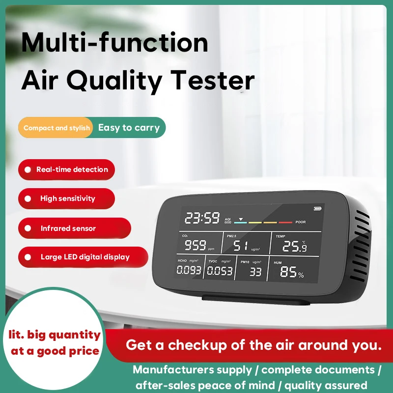 

Air Quality Detector Sensitive Accurate 9-in-1 Air Quality Detector CO2/PM2.5/HCHO/AQI Temperature Humidity Monitor Gas Detector