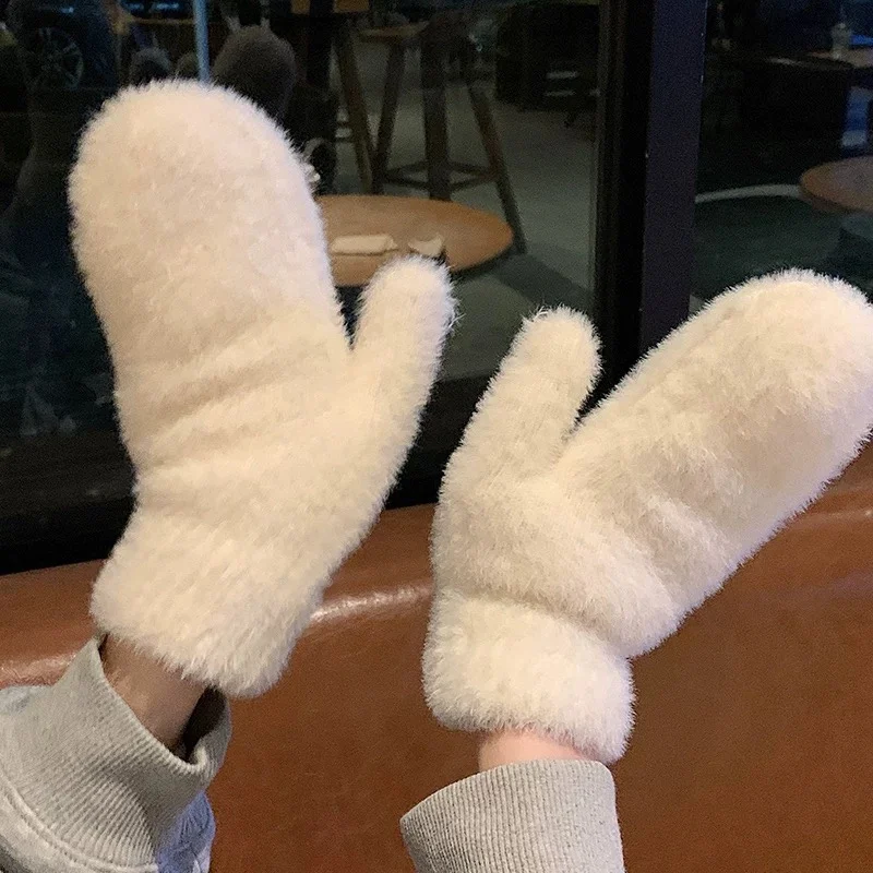 Winter Women Wool Cashmere Knitted Gloves Warm Mitten Winter Plus Velvet Thicken Double Layer Plush Full Finger Driving Gloves