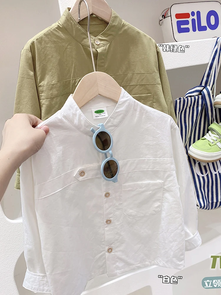 Fashion Boys Cotton Shirt Long Sleeve Stand Collar White Shirts Spring Autumn Korean Style Boys Casual Solid Color Tops