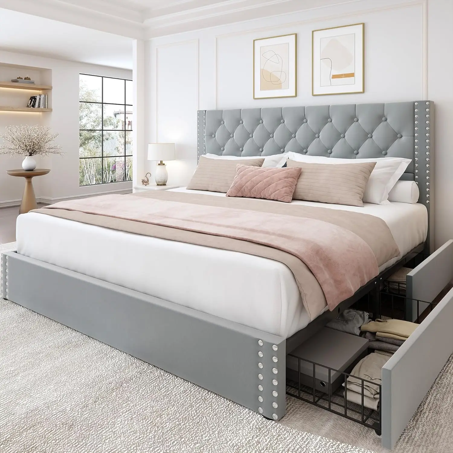 King Size Bed Frame Storage Tufted Headboard Linen Upholstered Platform 4 Drawers Wood Slats Support Noise-Free Bluish Grey