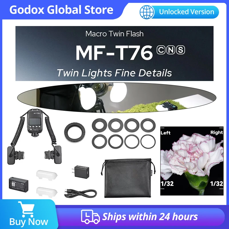 Godox MF-T76 C/N/S TTL Macro Twin Flash, Flash Doble con Cabezal Doble, HSS 1.2s Reciclaje Rápido, Sistema Godox X para Canon, Nikon, Sony
