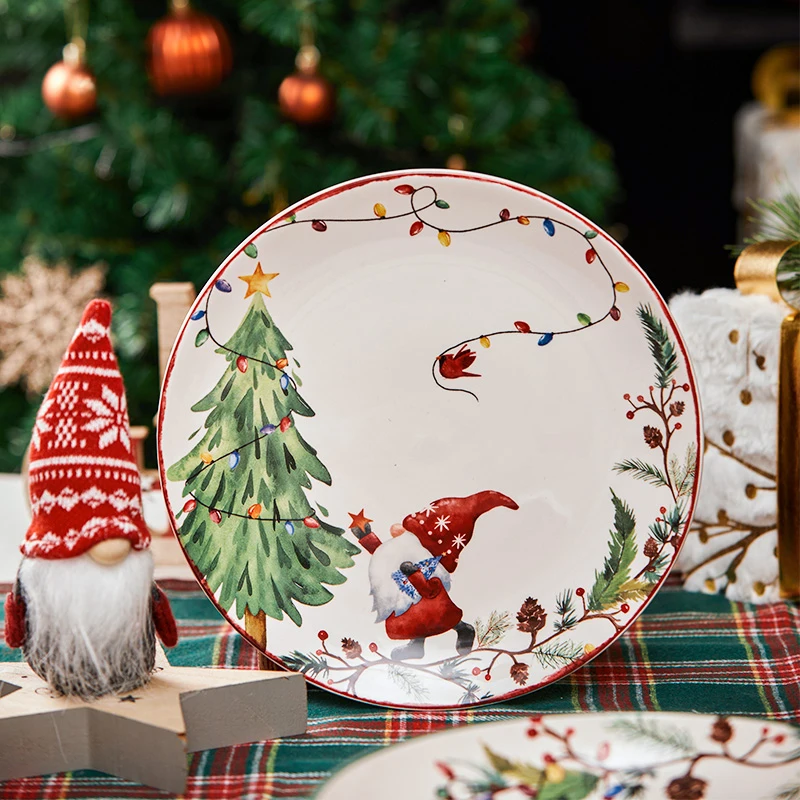 

Рождественская фарфоровая посуда, керамические тарелки и кружки размером 8,75 дюйма для столовой под глазурованной 9-дюймовой тарелки, идеальный праздничный подарок