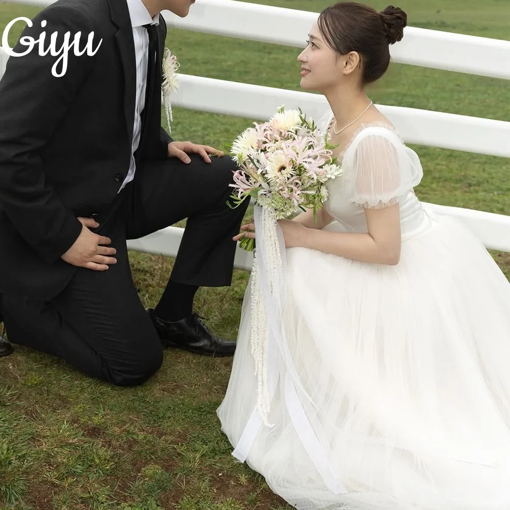 

Giyu Elegant A-line Lvory Wedding Dresses Short Sleeves Pleat Tulle Floor Length Bridal Gowns Korea Photoshoot Customized 2025