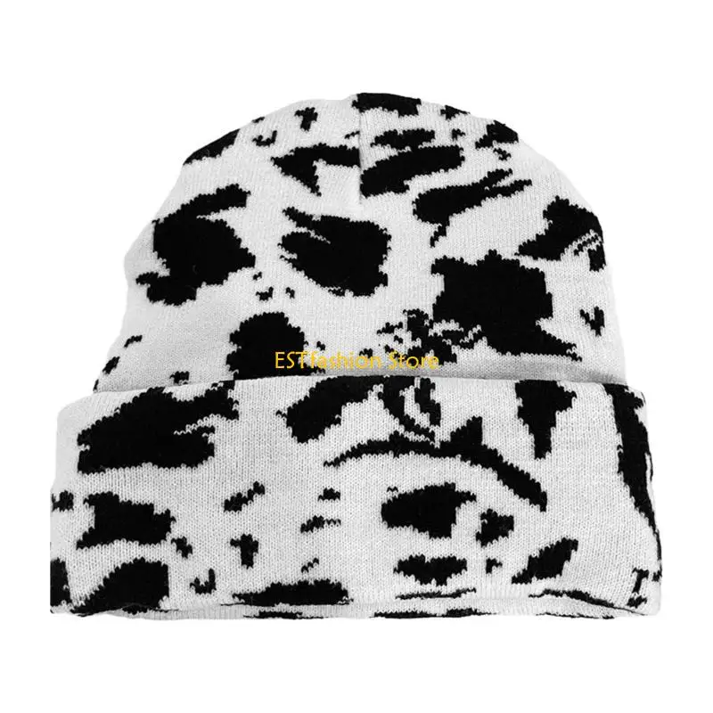 Y5GC Gothic Knitted Beanie Hat Halloween Cheetah Unisex Hat Cow Pattern Costume