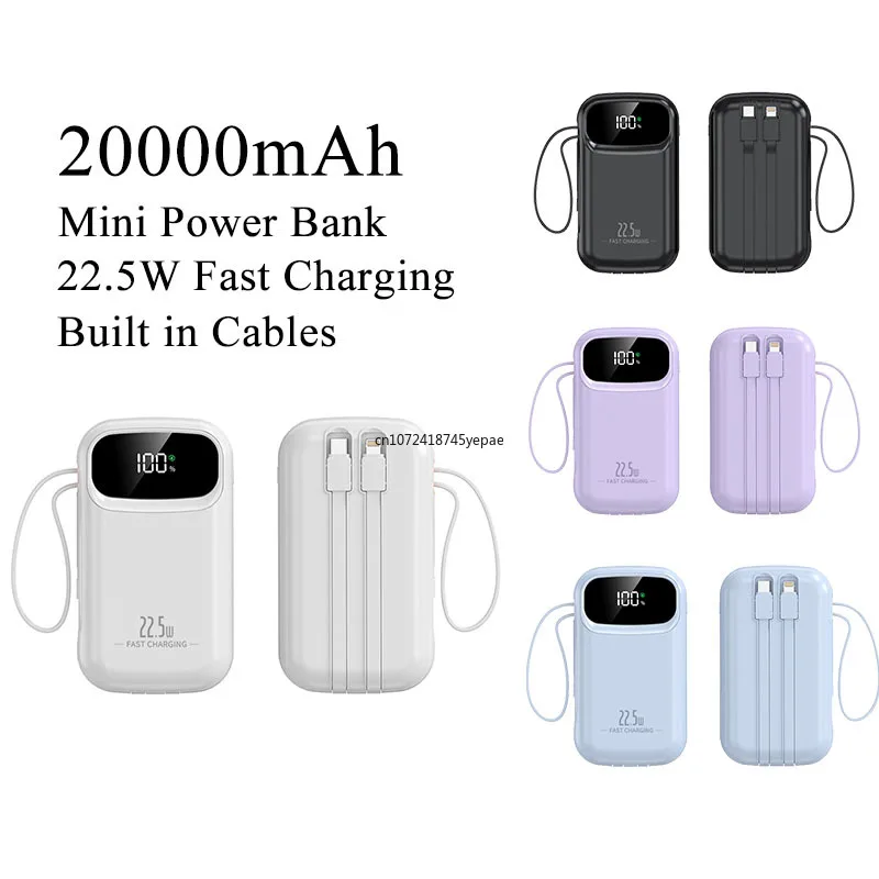 

20000 мАч Power Bank Встроенный кабель USB-C для iPhone 16 15 14 Samsung Xiaomi 22,5 Вт Портативное зарядное устройство для быстрой зарядки Мини Powerbank