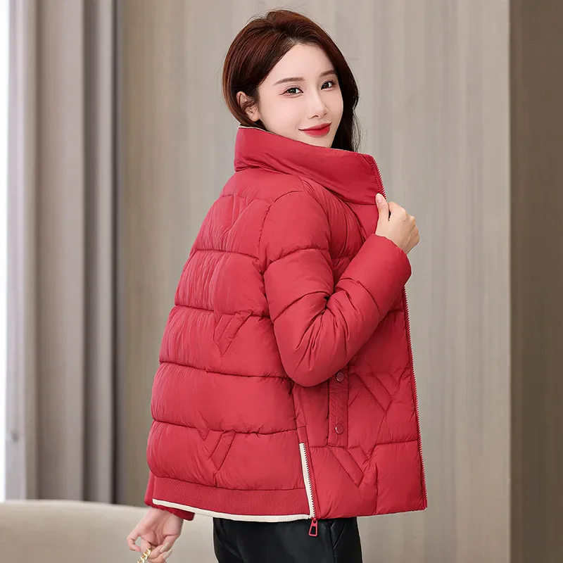 

New Autumn Winter Short Parkas Stand Collar Glossy Down Cotton Jacket Women Fashion Warm Padded Coat Female Slim Outwear B1252
