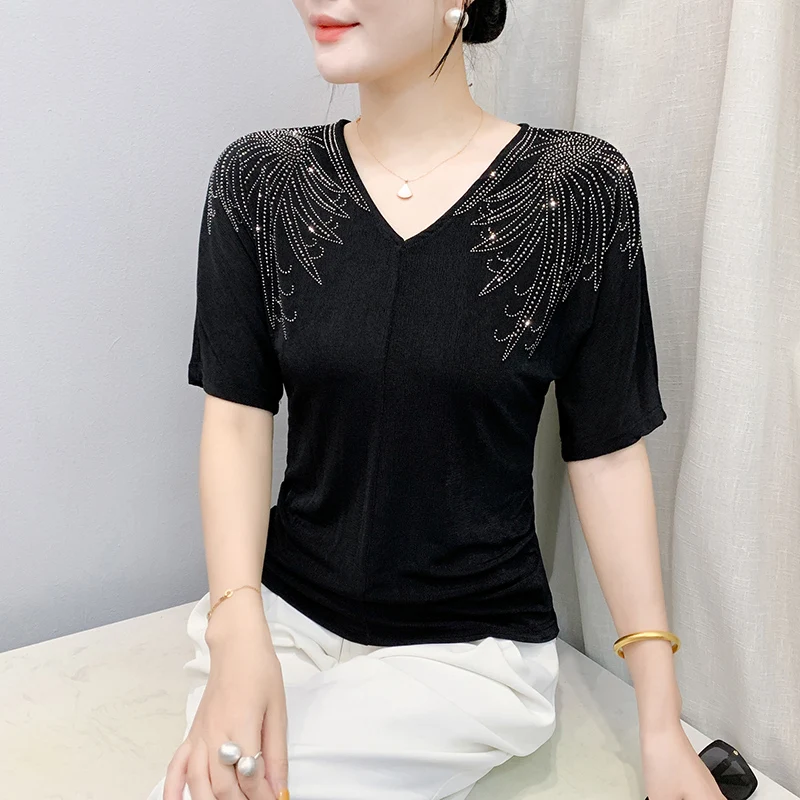 Noir, nouveau, été, coréen, Style, T-Shirt, Chic, Sexy, col en v, Patchwork, brillant, diamants, femmes, hauts, manches courtes, tous assortis, t-shirts, 563003