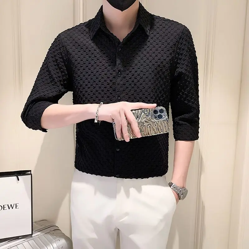 Men's Clothing Half Sleeve Shirts All-match Solid Color Summer Polo-Neck Commute Single-breasted Fashion Jacquard Weave Shirts