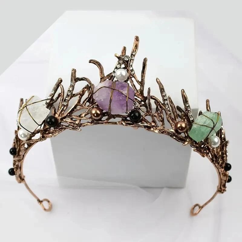 Natural Amethyst WhiteCrystal Fluorite Mermaid Crown Fashion Colorful CrystalVintage MetalCrown Hair Accessories Female 1pc