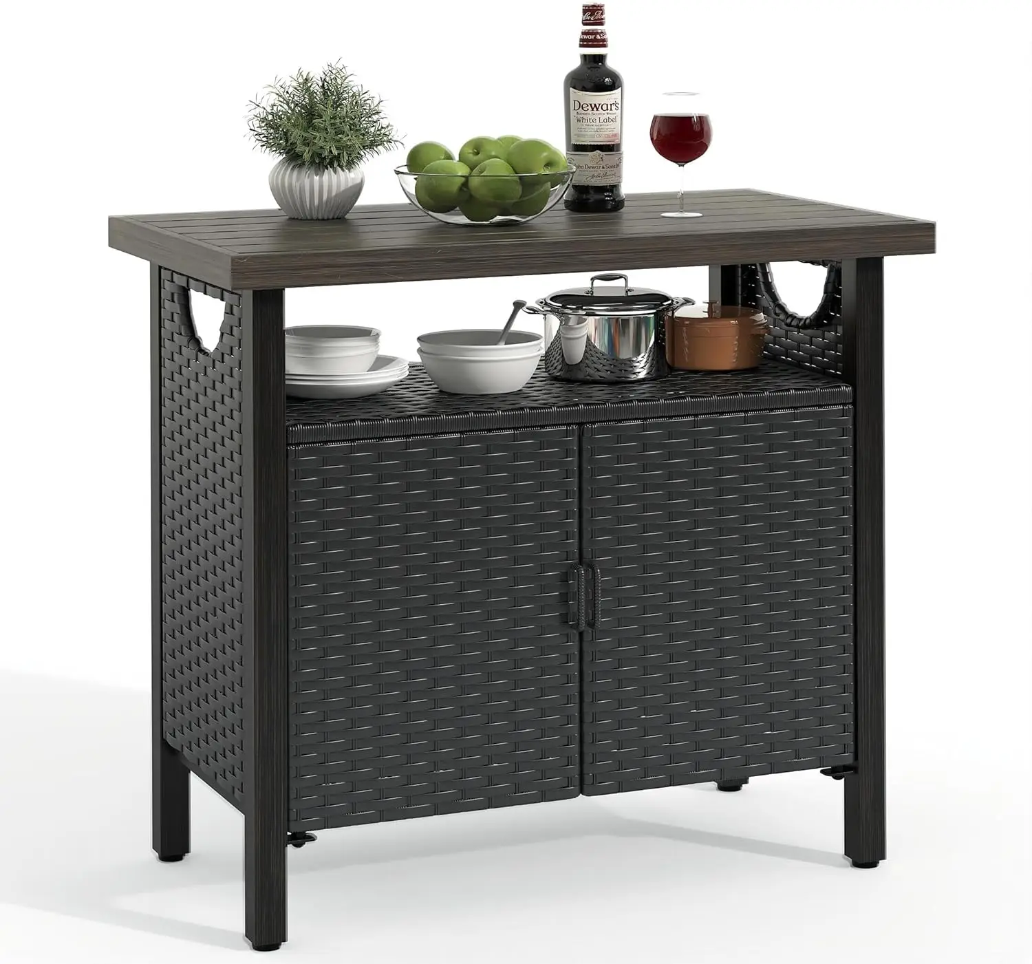 Gabinete de almacenamiento al aire libre, mesa de Bar de Patio con dos puertas y estantes, mesa de consola de almacenamiento de mimbre resistente a la intemperie, negro