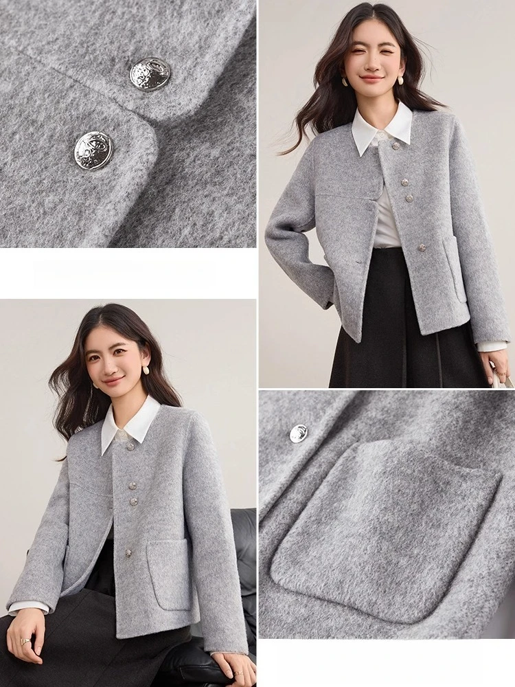 SENTUBILA Women's Wool Coat Double-Faced Wool Round Neck Long-sleeve Short Coats 2025 Winter Loose-Fit Lady Clothing W54OF8763
