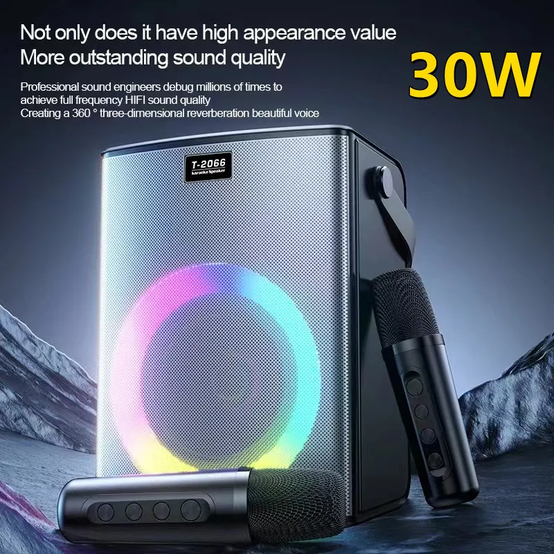 

30W Outdoor Karaoke Party Bluetooth Speaker with Dual Wireless Microphone LED Colorful Light Portable Subwoofer Home KTV Speaker