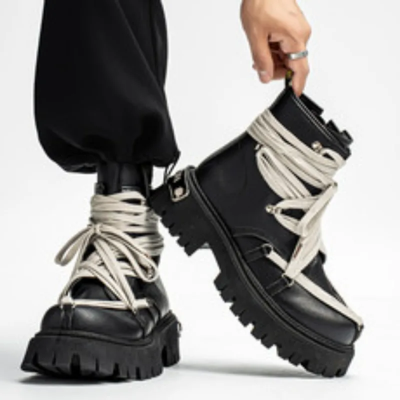 Męskie botki na platformie, modne, z personalizowanym paskiem, markowe buty wysokiej jakości, motocyklowe, codzienne, outdoorowe, zapinane na zamek.