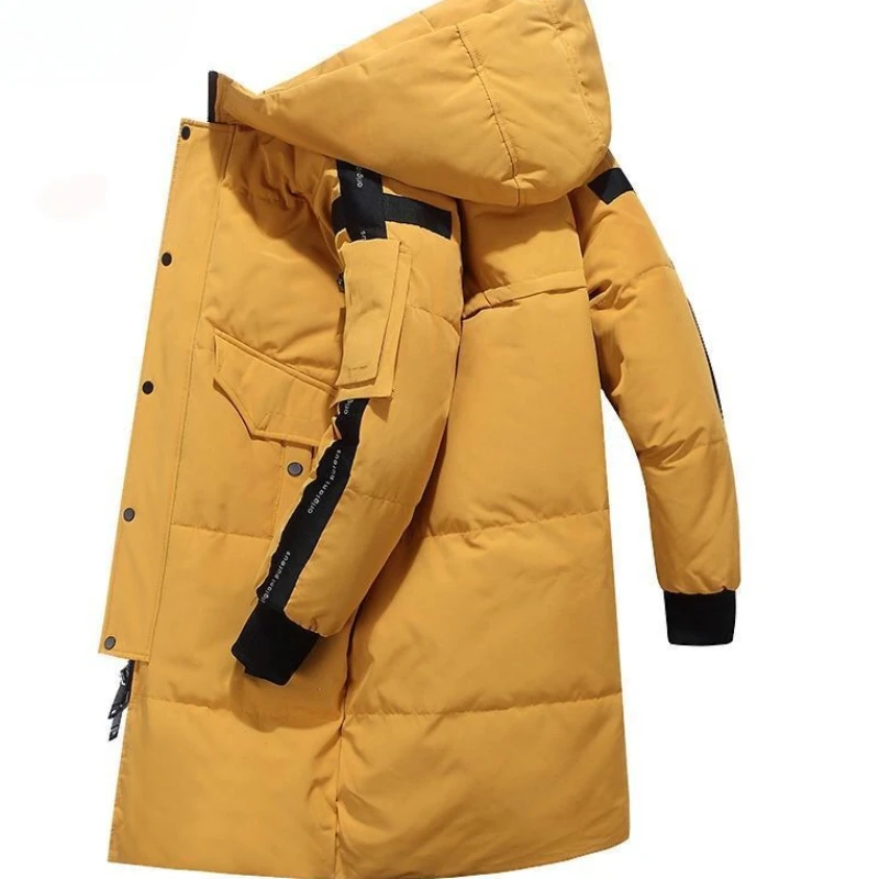 Casaco de comprimento médio com capuz para homens, design elegante, pato branco para o frio, parkas grossos, sobretudo, novo, inverno, 2023