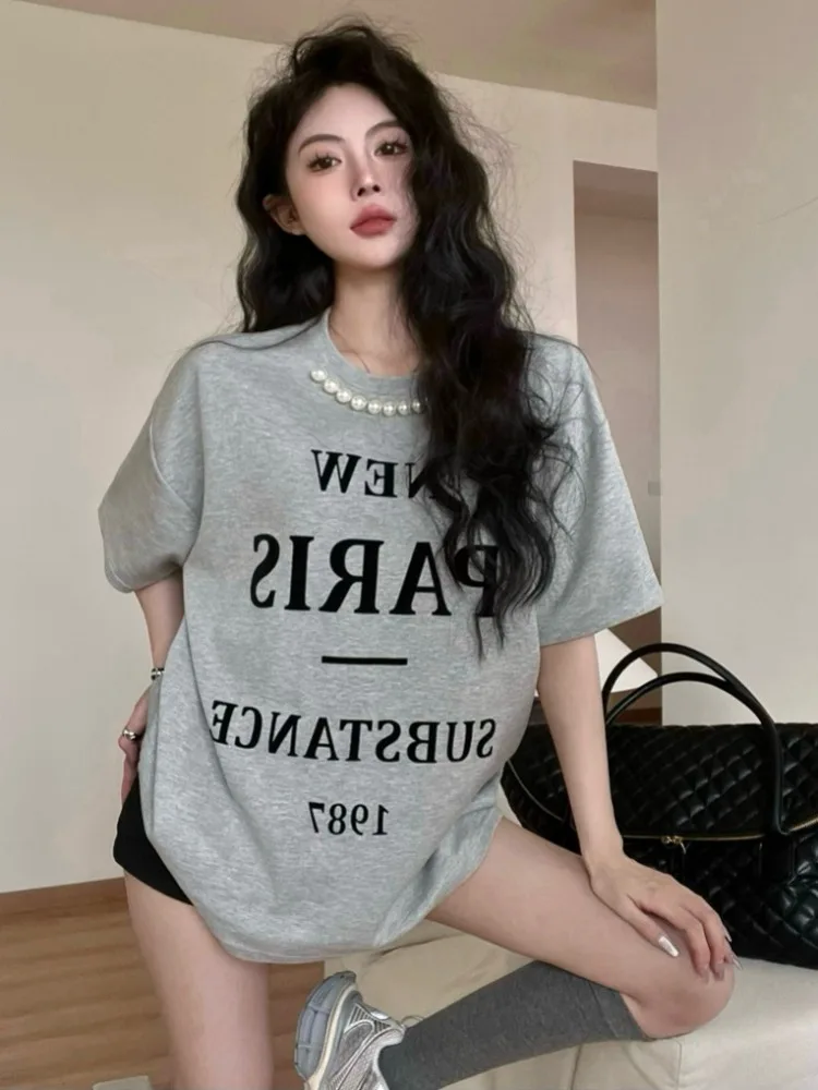 

ADAgirl Vintage Pearl Beading Oversized T Shirt Women Letter Print Short Sleeve Casual Tops Korean Fashion Summer Female Tees