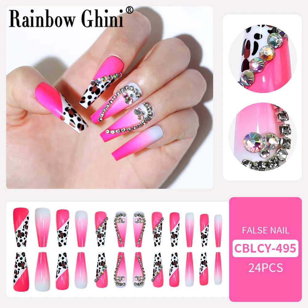 24 SZT./Lot Naklejane Ozdoby z Cyrkoniami Różowe Długie Paznokcie do Dekoracji dla Paznokci w Kształcie Migdała Uroczy Design Y2K Akcesoria do Paznokci