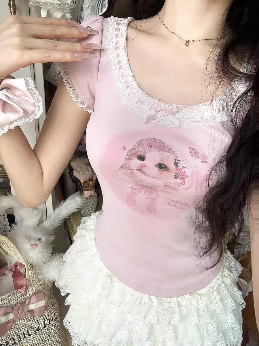 Princess sweet lolita bobon21 Garden Ragdoll Pinch Waist Cat Printed Lace bow Short Sleeve T-shirt T2337