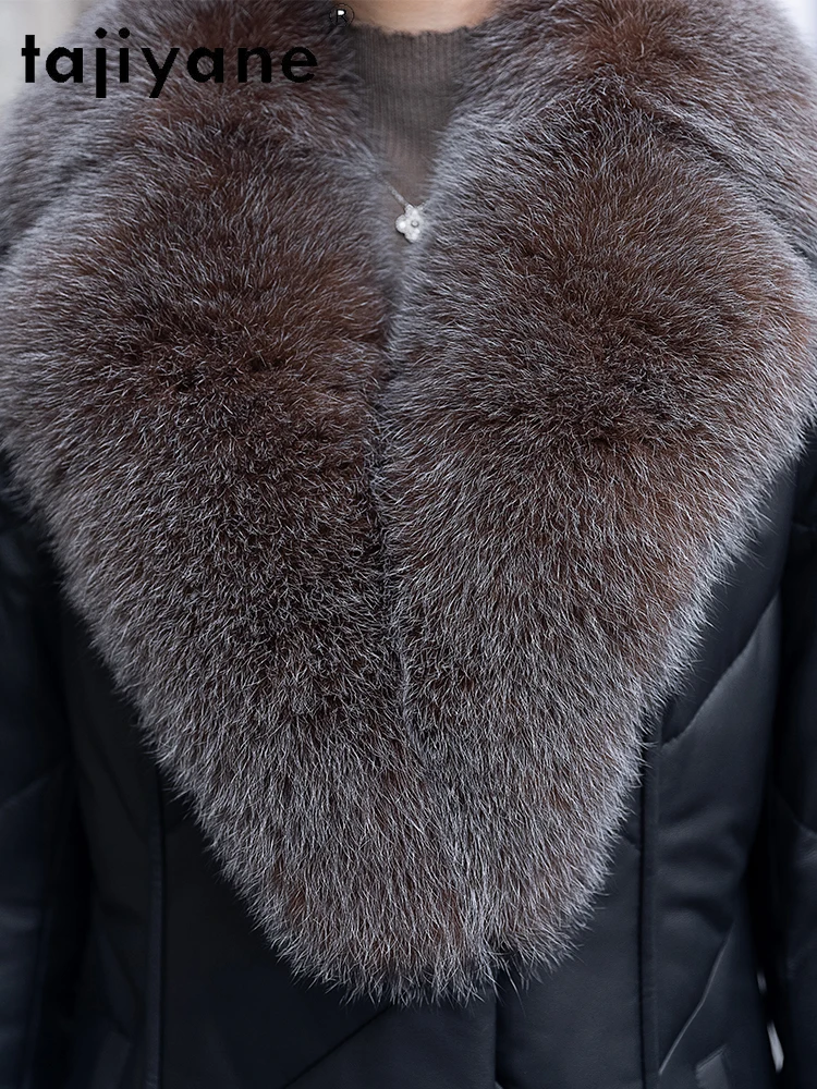 سترة من جلد الغنم من TAJIYANE للسيدات بياقة من فرو الثعلب معاطف طويلة سترات من الجلد الحقيقي 2025 ملابس شتوية للنساء