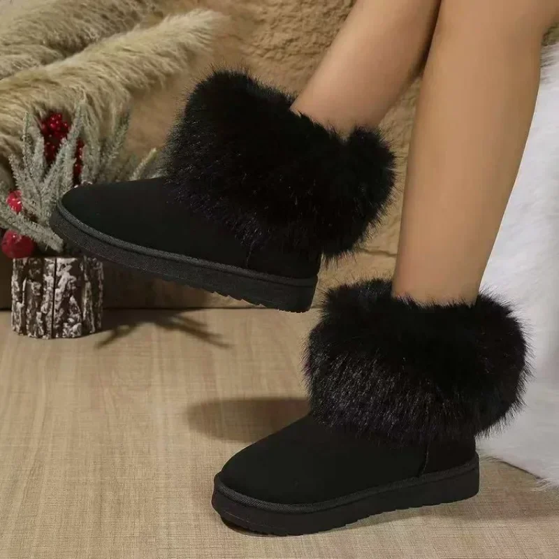 Women Winter Snow Fur Boots Winter Warm Ankle Boots for Women Snow Shoes Style Round-toe Slip on Winter Boots Size 36-42