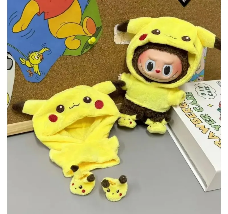 جديد البسيطة أفخم دمية الملابس مجموعة لطيف بيكاتشو دعوى الكرتون 17 سنتيمتر Labubu الفينيل دمية Kpop المعبود دمية الملابس والاكسسوارات