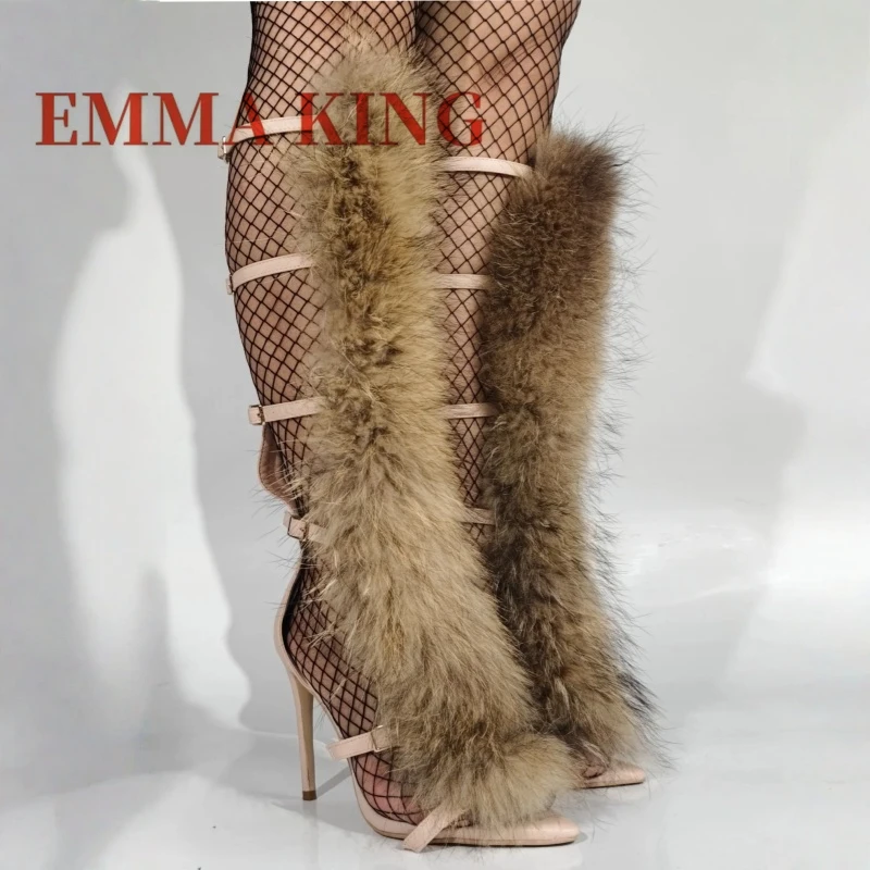 

Сексуальные женские модные длинные босоножки с ремешками и искусственным мехом, на шпильке, с открытым носком, для вечерних платьев, свадеб и вечеринок