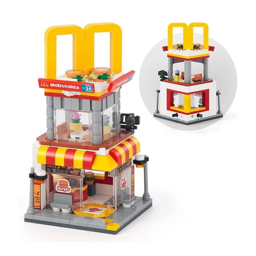 Городской вид на улицу, бургерный магазин, строительные блоки, MOC, кирпичи, сделай сам, модель здания, детские игрушки, рождественские подарки