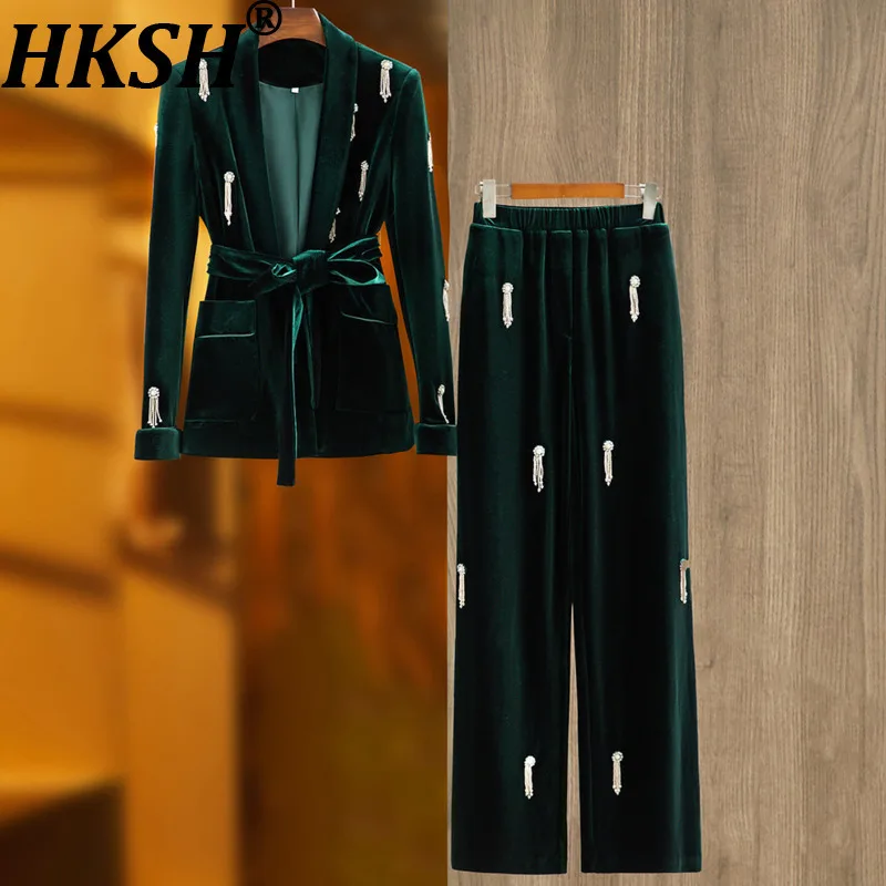 HKSH ربيع الخريف جديد المرأة قطعتين مجموعة المخملية مطرز حزام السترة مرونة الخصر بنطال ذو قصة أرجل واسعة الاتجاه الأنيق دعوى HK14479